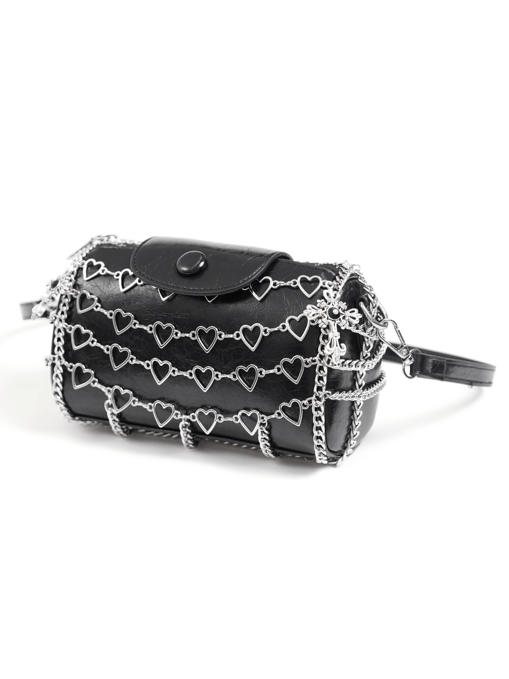 Chic black heart pattern crossbody bag with metallic chain details, perfect for stylish outings.