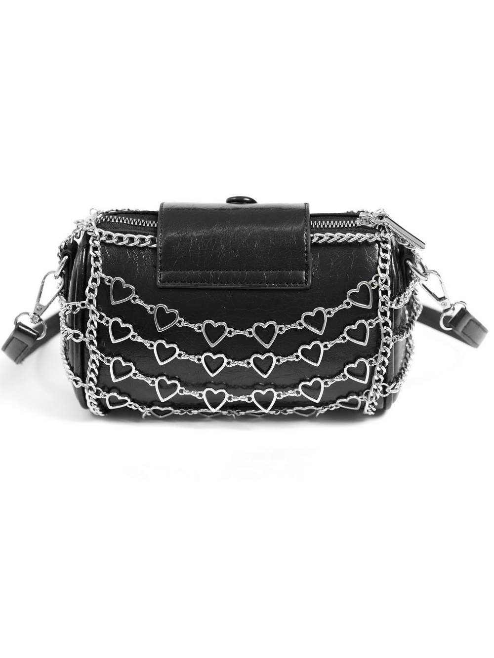 Chic black heart-pattern crossbody bag with silver chain links, perfect for stylish outings and events.