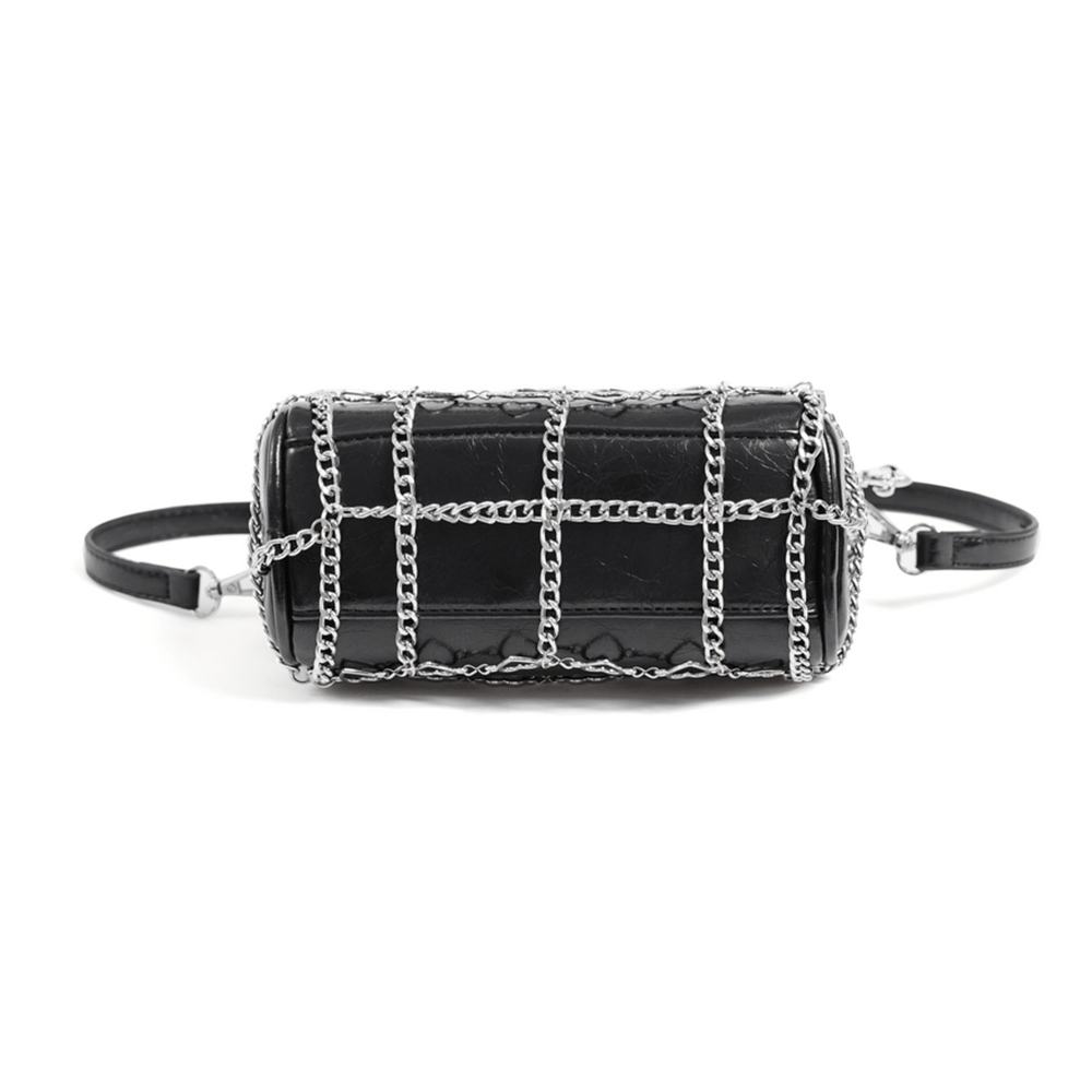 Chic black heart-pattern crossbody bag with metallic chain detailing for stylish women.