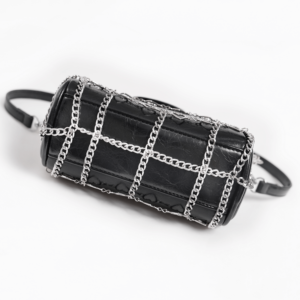 Trendy black heart pattern chain crossbody bag for women, featuring metallic chain detailing and a sleek design.