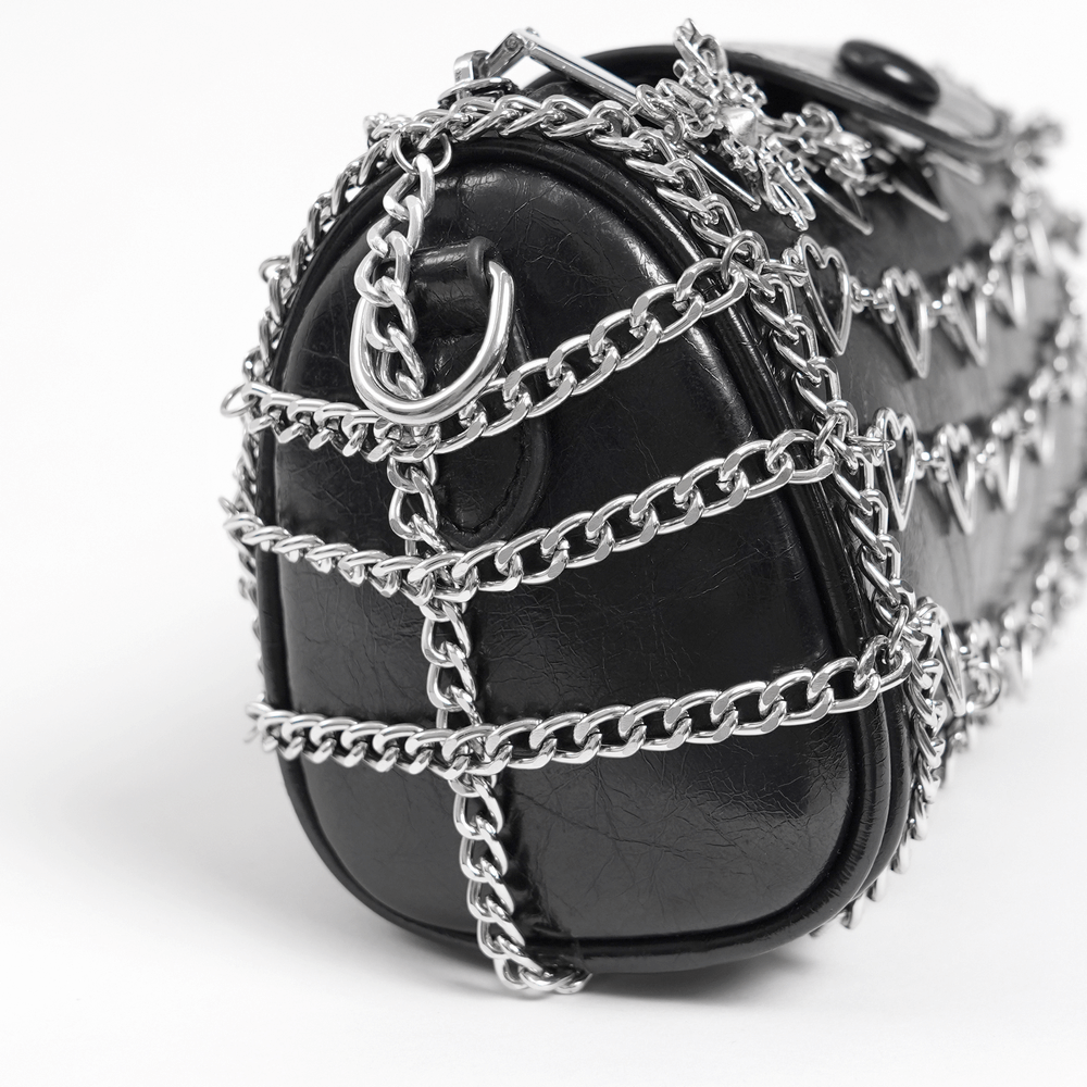 Chic black heart-pattern chain crossbody bag for women, showcasing stylish metallic chain detailing and sleek design.
