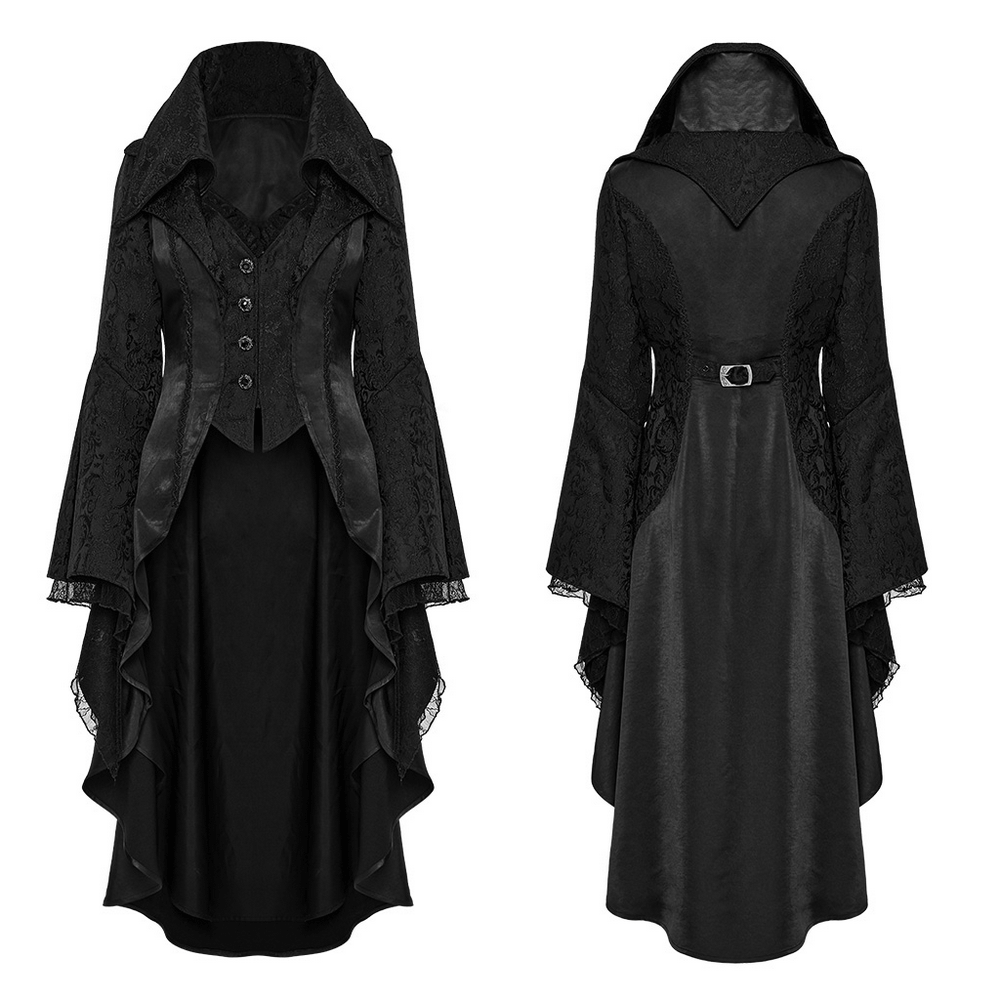 Chic high-low tailcoat in black with jacquard lace, buttons, and dramatic sleeves, perfect for gothic styling.