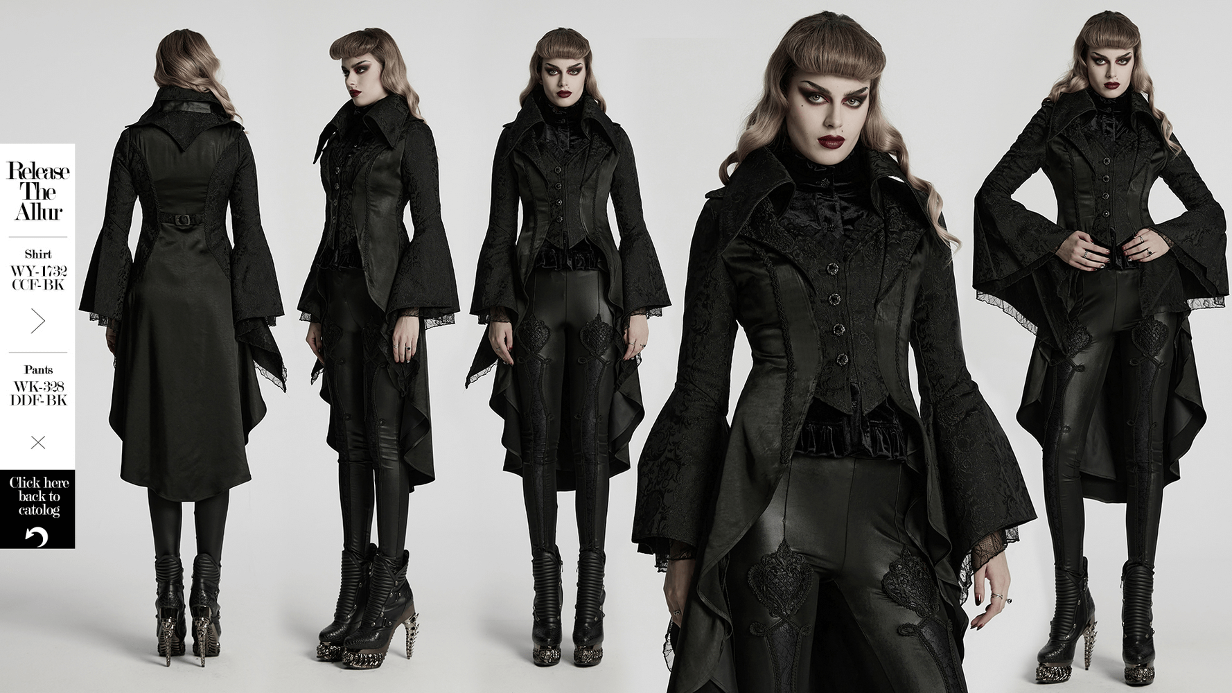 Chic high-low tailcoat featuring jacquard lace and buttons, styled with sleek pants and bold boots.