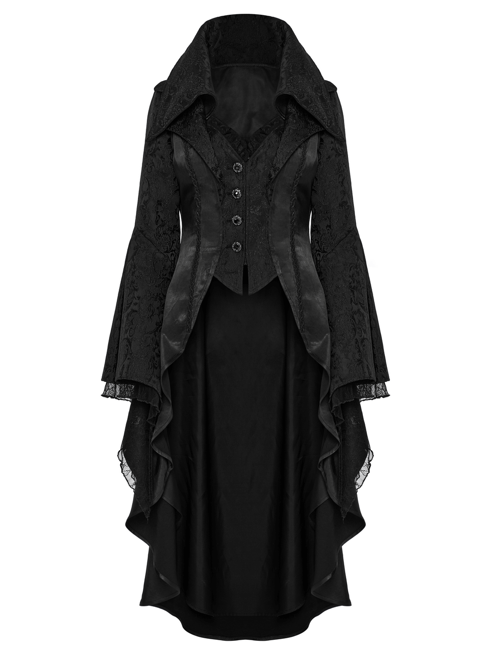 Chic high-low tailcoat featuring jacquard lace, elegant buttons, and dramatic flared sleeves in a stylish black design.