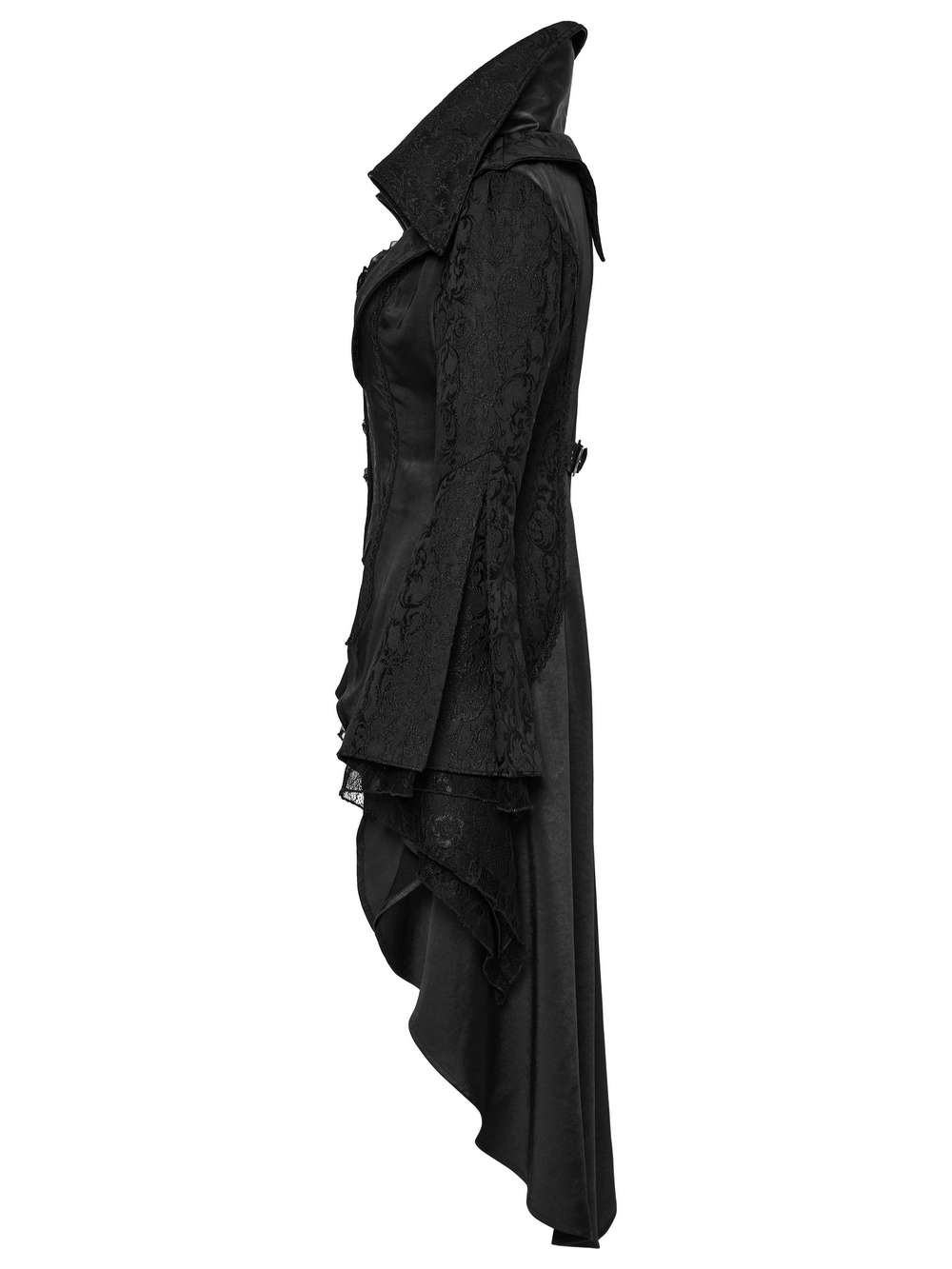 Chic high-low tailcoat in black with jacquard lace and stylish buttons, showcasing a dramatic side view.