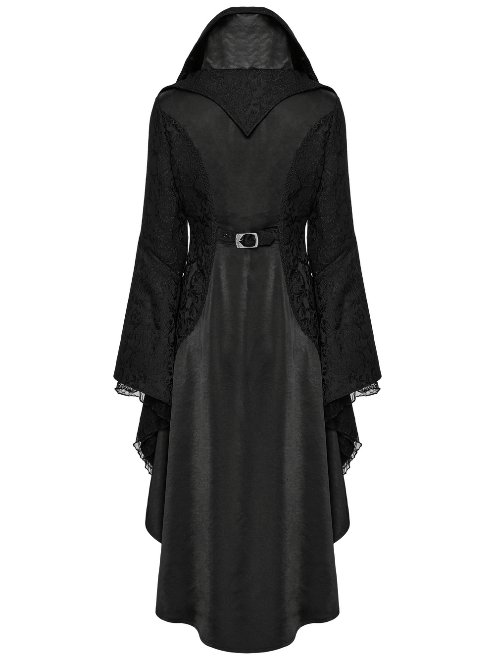 Chic high-low tailcoat in black with jacquard lace, elegant buttons, and dramatic hood.