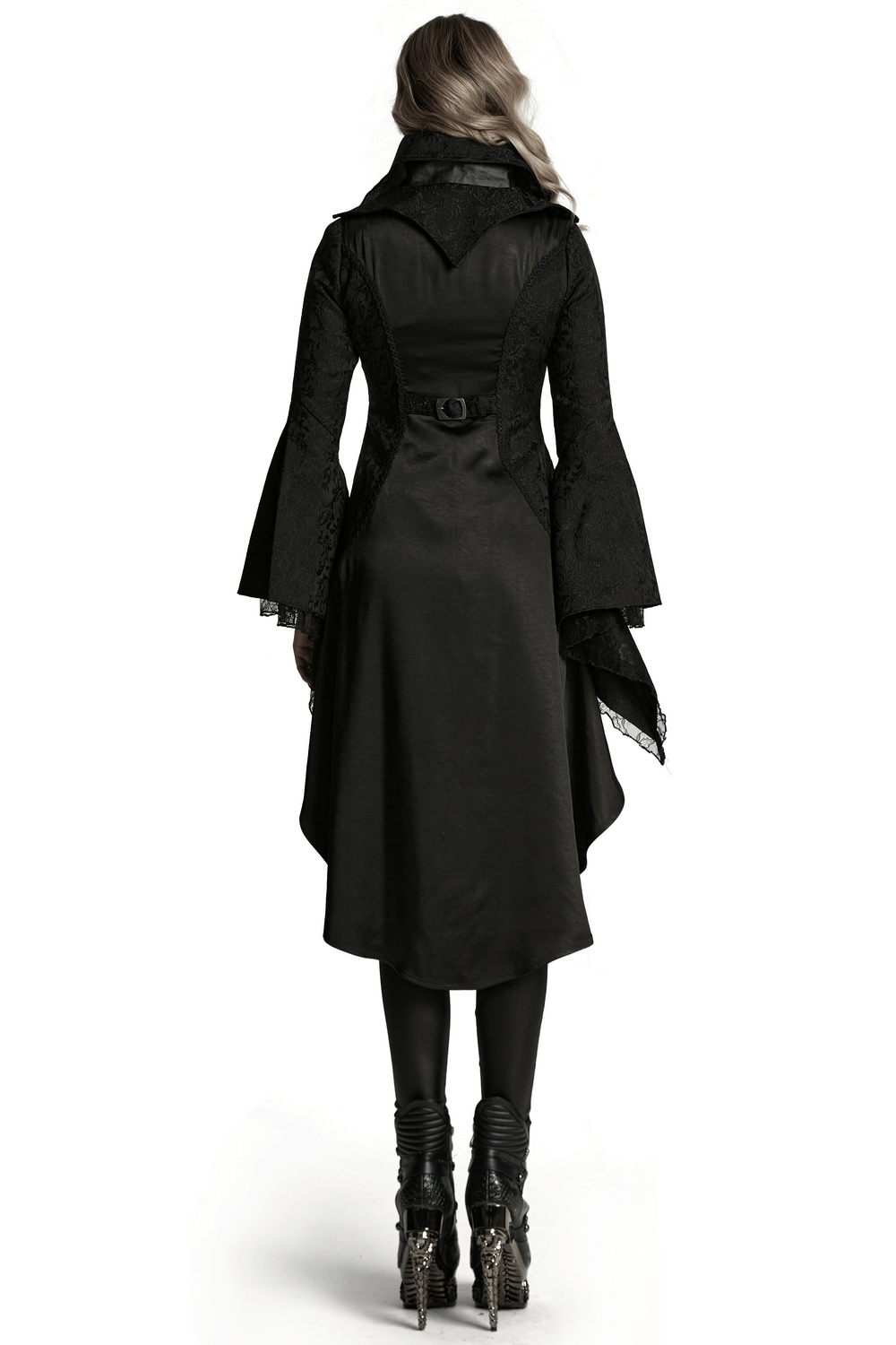 Chic black high-low tailcoat with jacquard lace and stylish buttons, featuring bell sleeves and elegant back design.