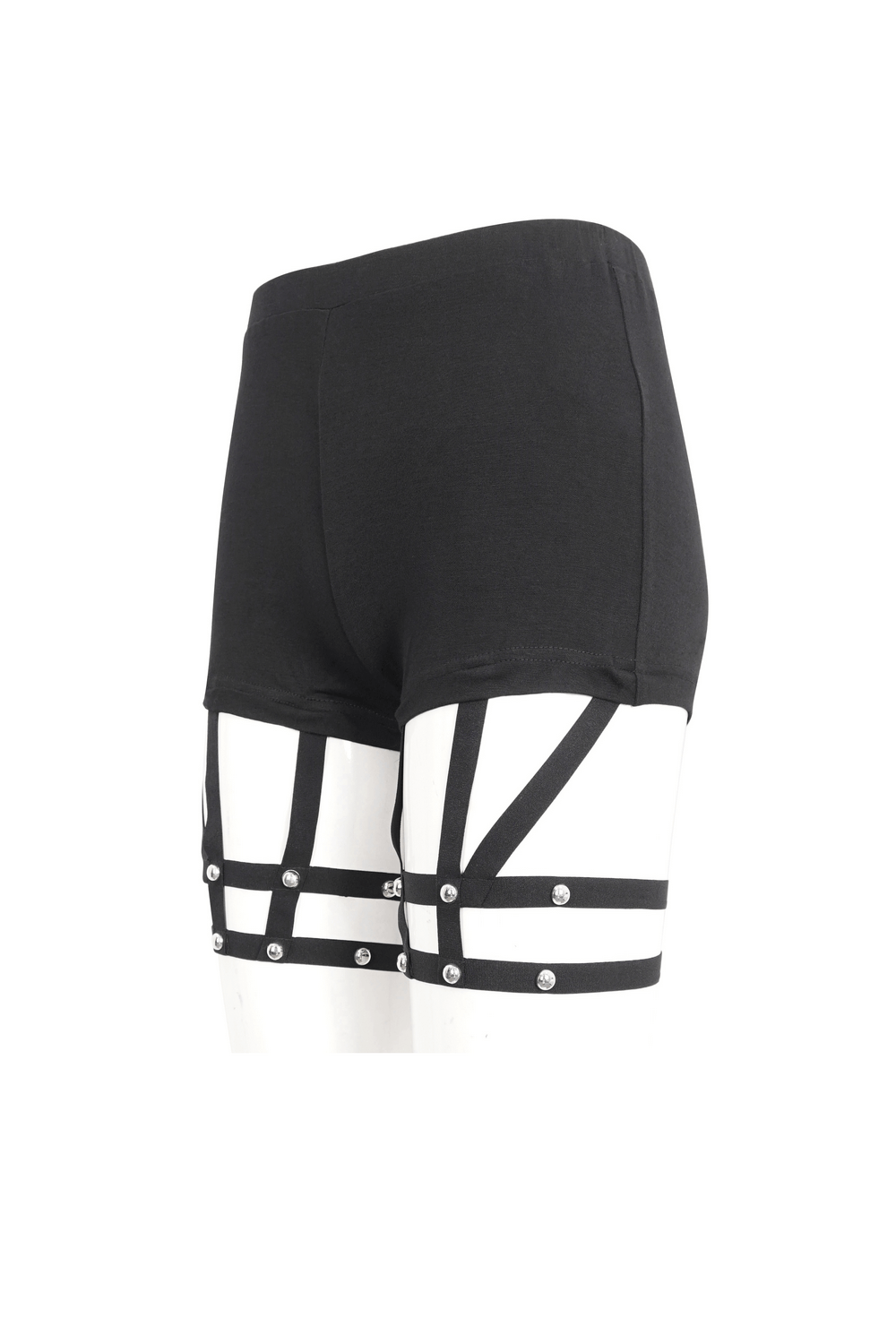 Chic high-waisted garter shorts with rivets for women, featuring edgy straps and a bold, trendy look.