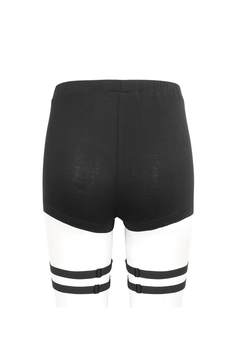Back view of chic high-waisted black shorts with riveted straps for women, perfect for bold fashion statements.