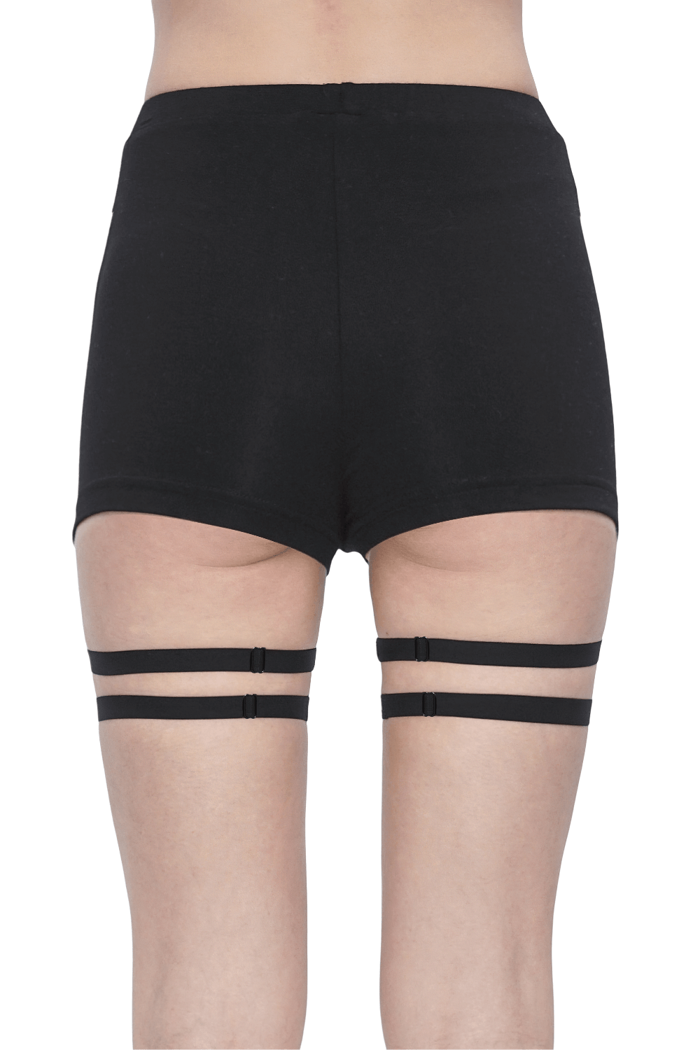 Chic high-waisted black garter shorts with riveted straps for bold women's fashion.