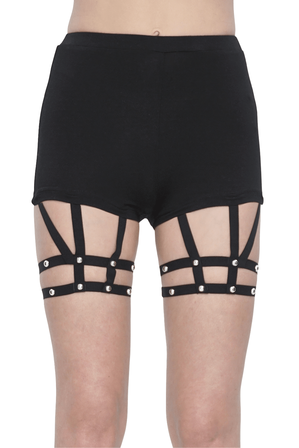 Chic high-waisted garter shorts for women with rivet detailing, perfect for edgy fashion lovers.