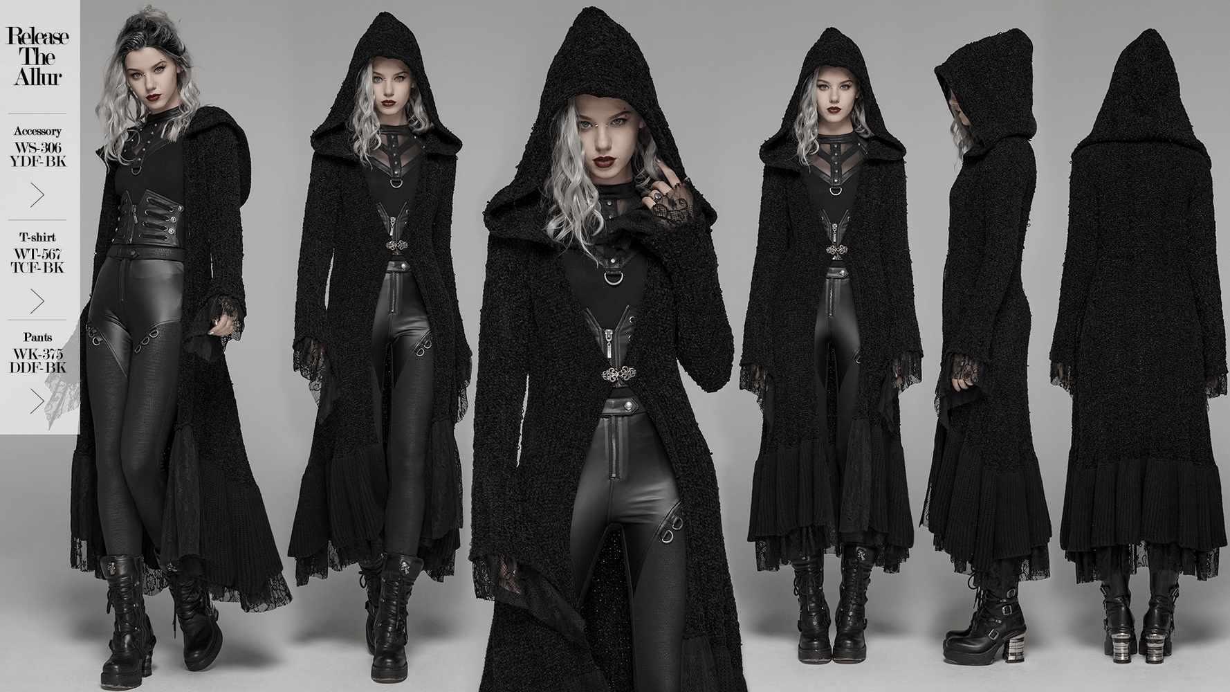 Chic hooded gothic lace trim woolen cloak coat styled with edgy layered outfit, showcasing gothic elegance and craftsmanship.