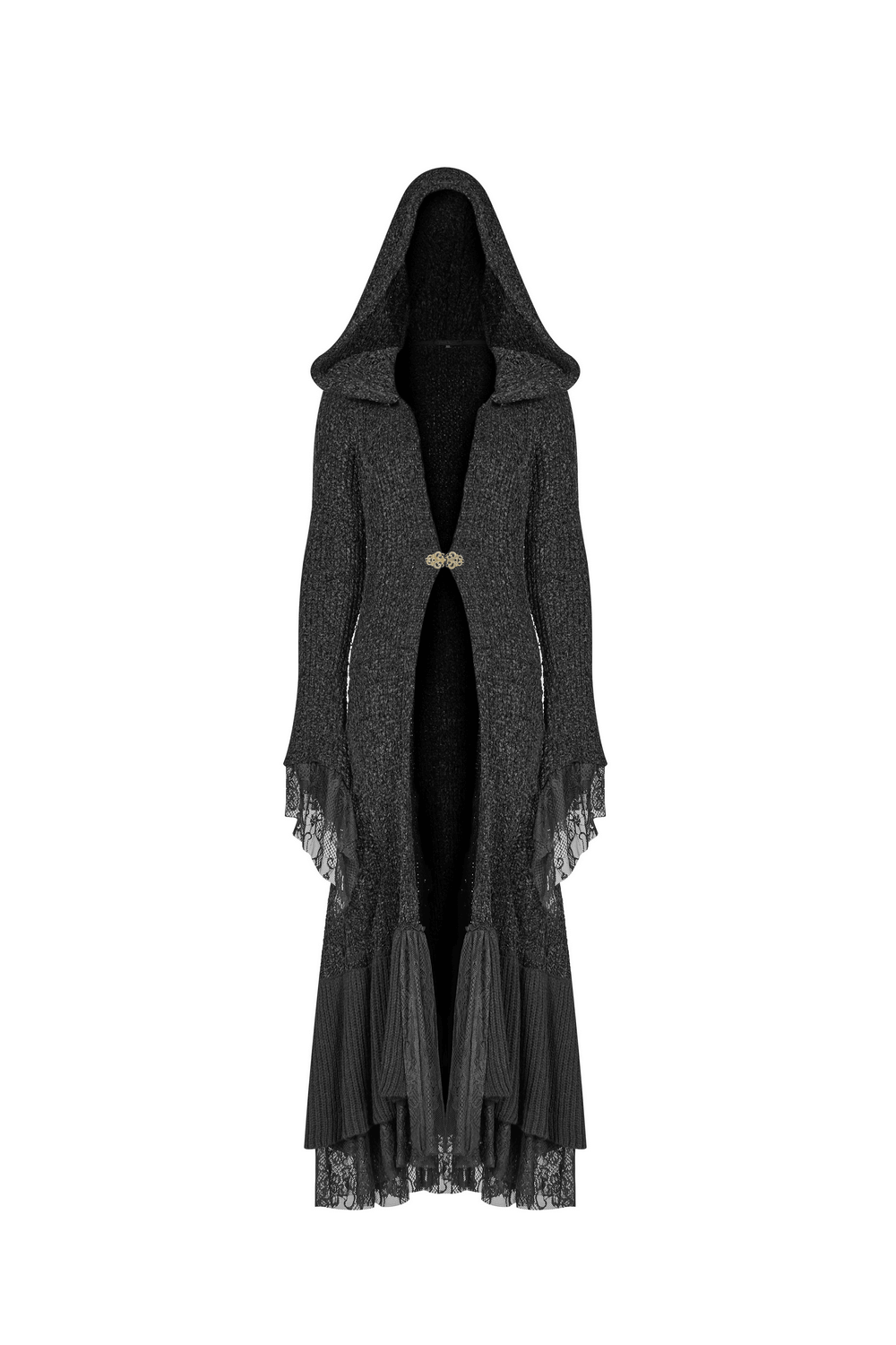Chic hooded gothic lace trim woolen cloak coat with elegant design and soft texture, perfect for gothic fashion lovers.