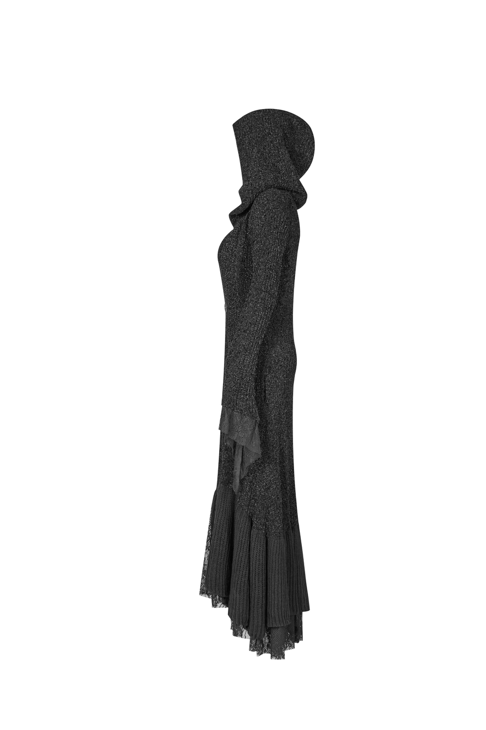 Chic hooded gothic lace trim woolen cloak coat in black, showcasing elegant silhouette and luxurious craftsmanship.