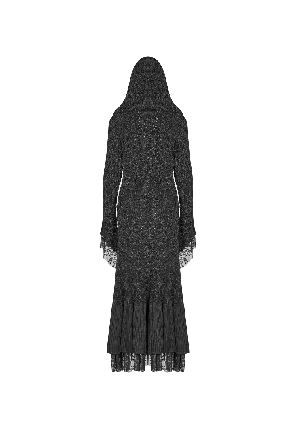 Chic hooded gothic lace trim woolen cloak coat, showcasing a stylish back view with elegant fabric details.
