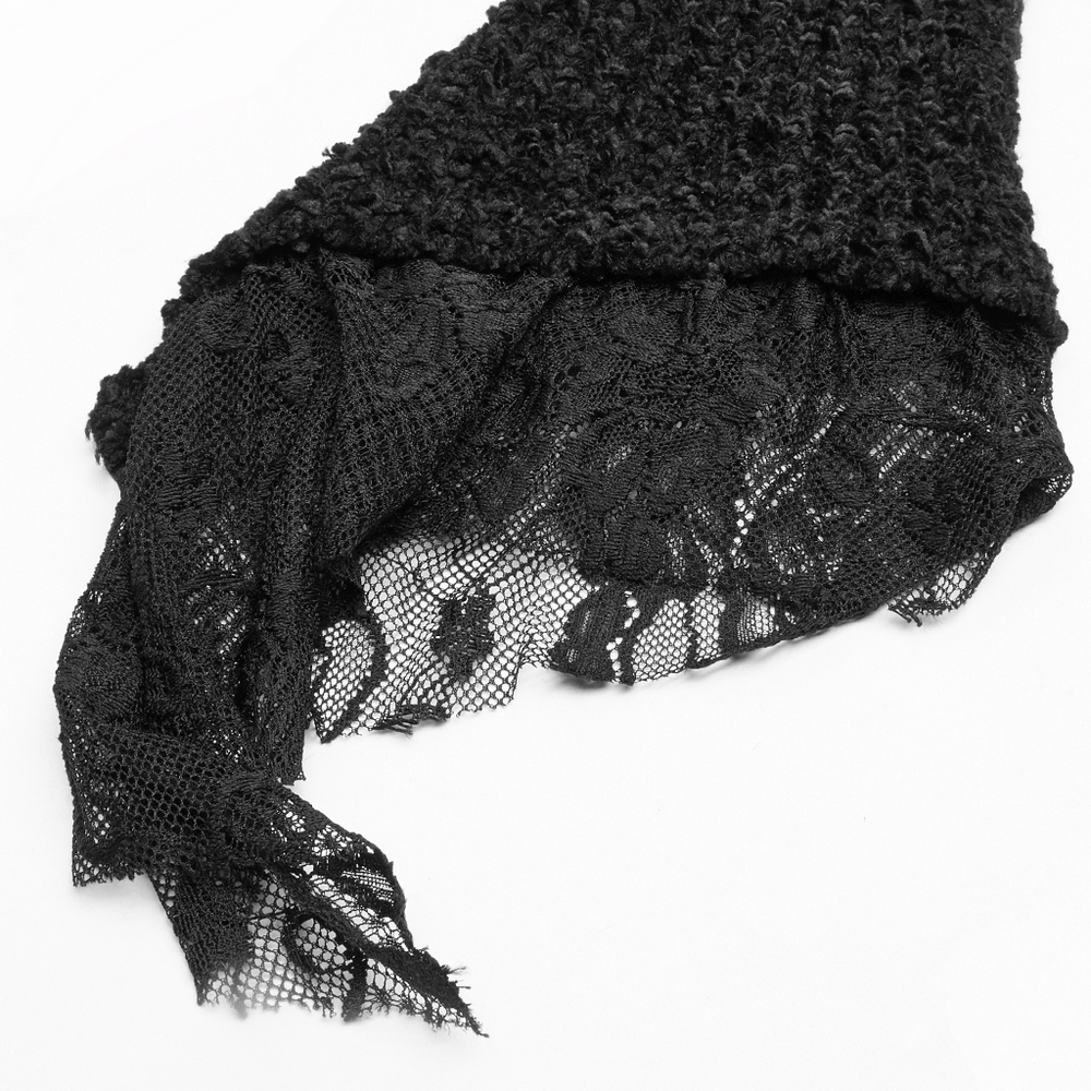 Chic black woolen cloak with intricate lace trim, showcasing gothic elegance and luxurious craftsmanship.