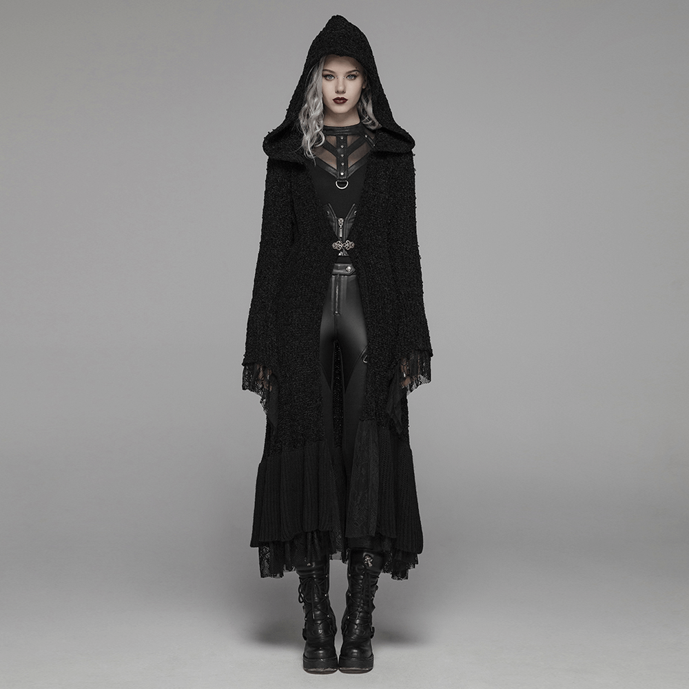 Chic hooded gothic lace trim woolen cloak coat in black, stylishly layered with elegant details, perfect for gothic fashion.