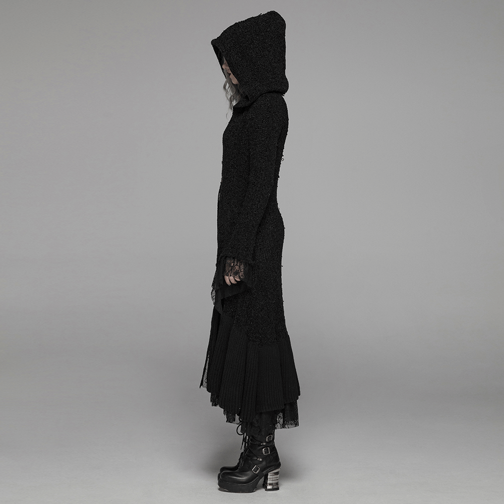 Chic Hooded Gothic Lace Trim Woolen Cloak Coat