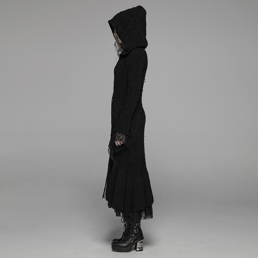 Chic hooded gothic lace trim woolen cloak coat showcasing elegant design and silhouette, perfect for gothic style lovers.
