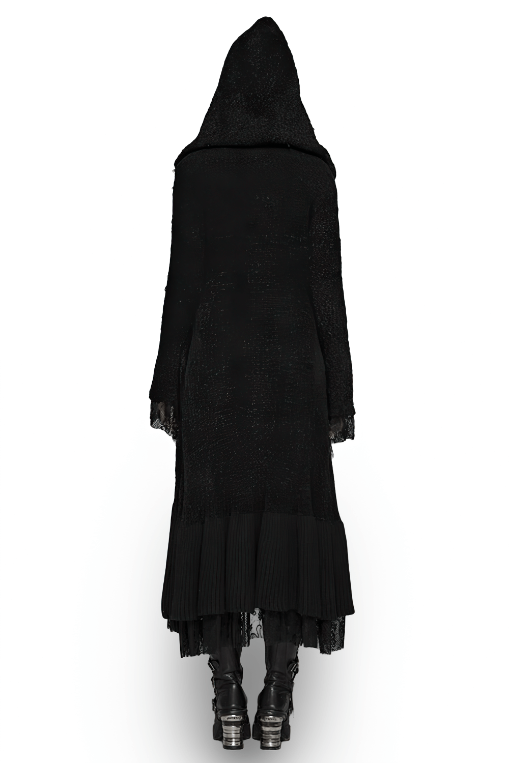 Back view of a chic hooded gothic lace trim woolen cloak coat, showcasing its elegant design and flowing silhouette.