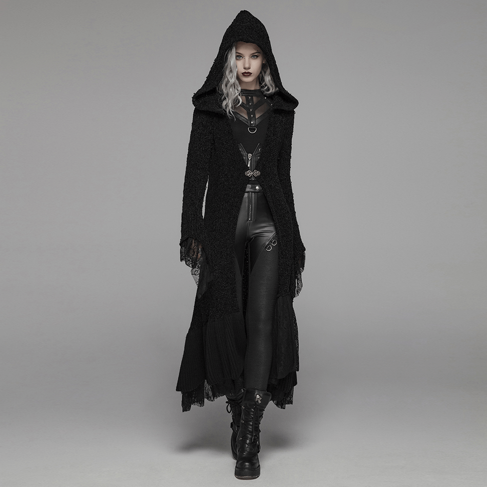 Gothic hooded lace trim woolen cloak coat worn by model, showcasing elegant layered design and edgy style.