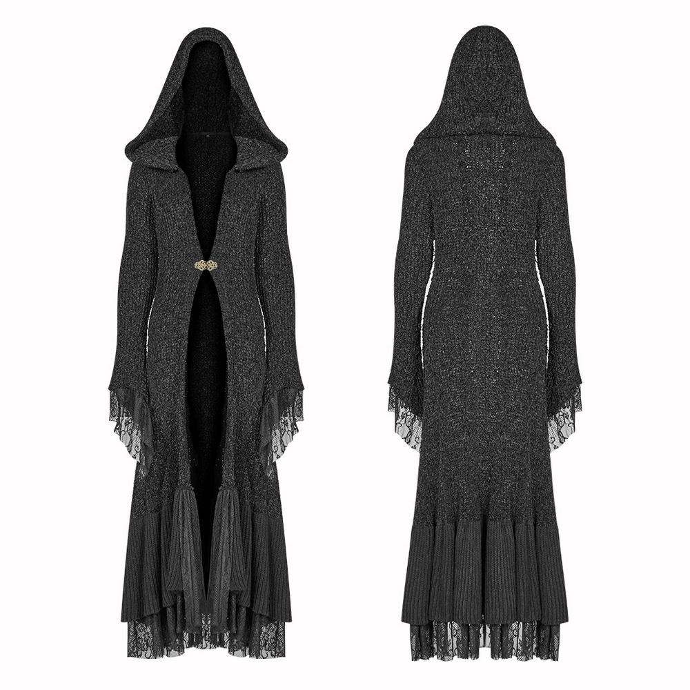 Chic hooded gothic lace trim woolen cloak coat, showcasing elegant design and refined silhouette.