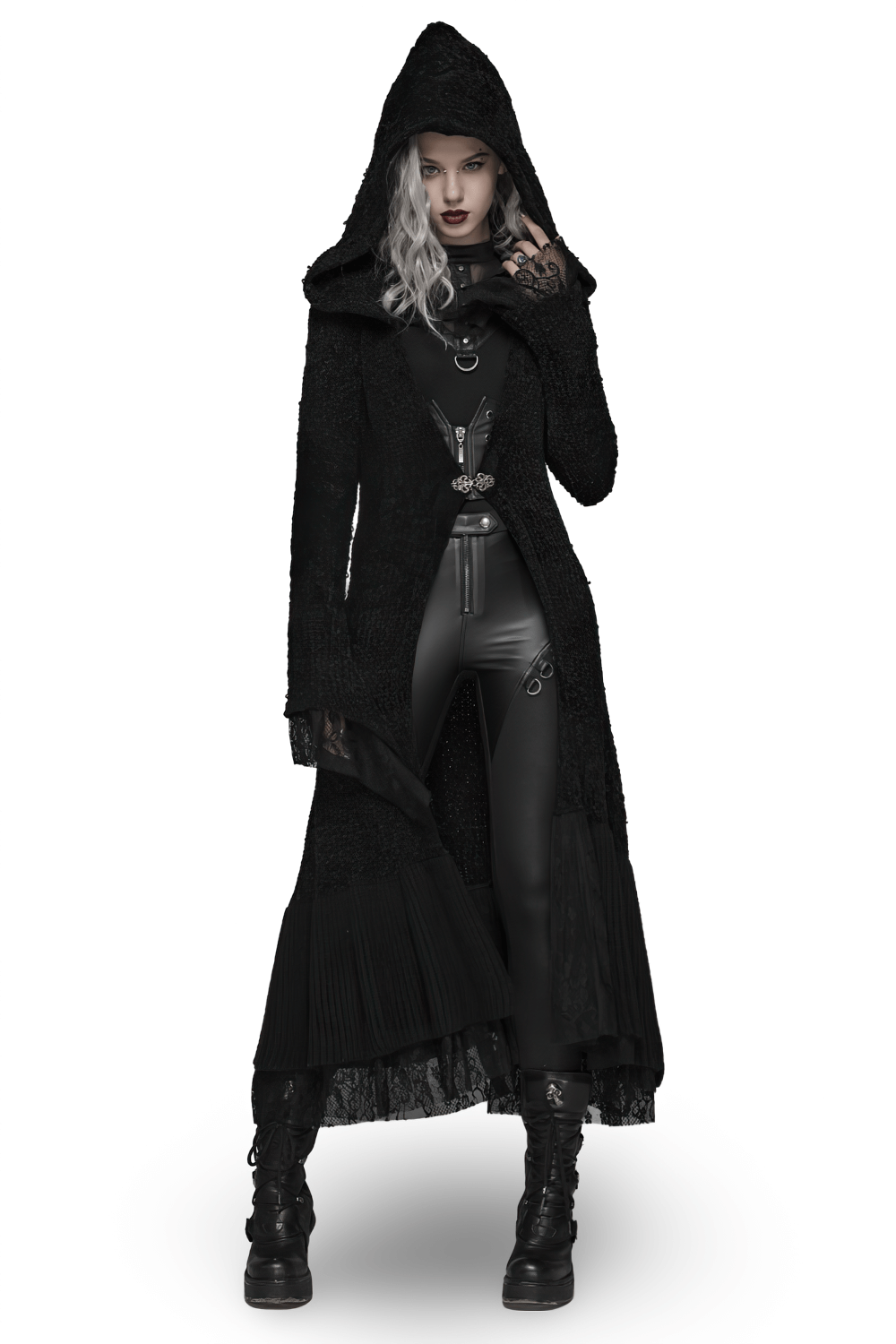 Chic hooded gothic lace trim woolen cloak coat, showcasing gothic elegance and refined style.
