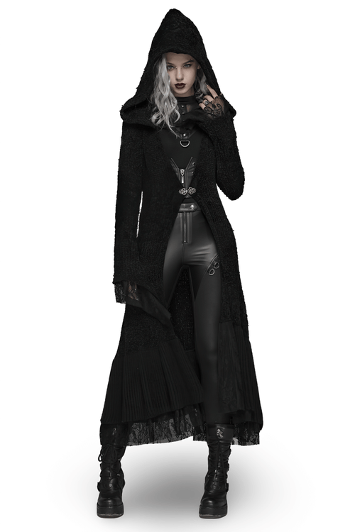 Schicker Wollumhang mit Kapuze und Gothic-Spitzenbesatz