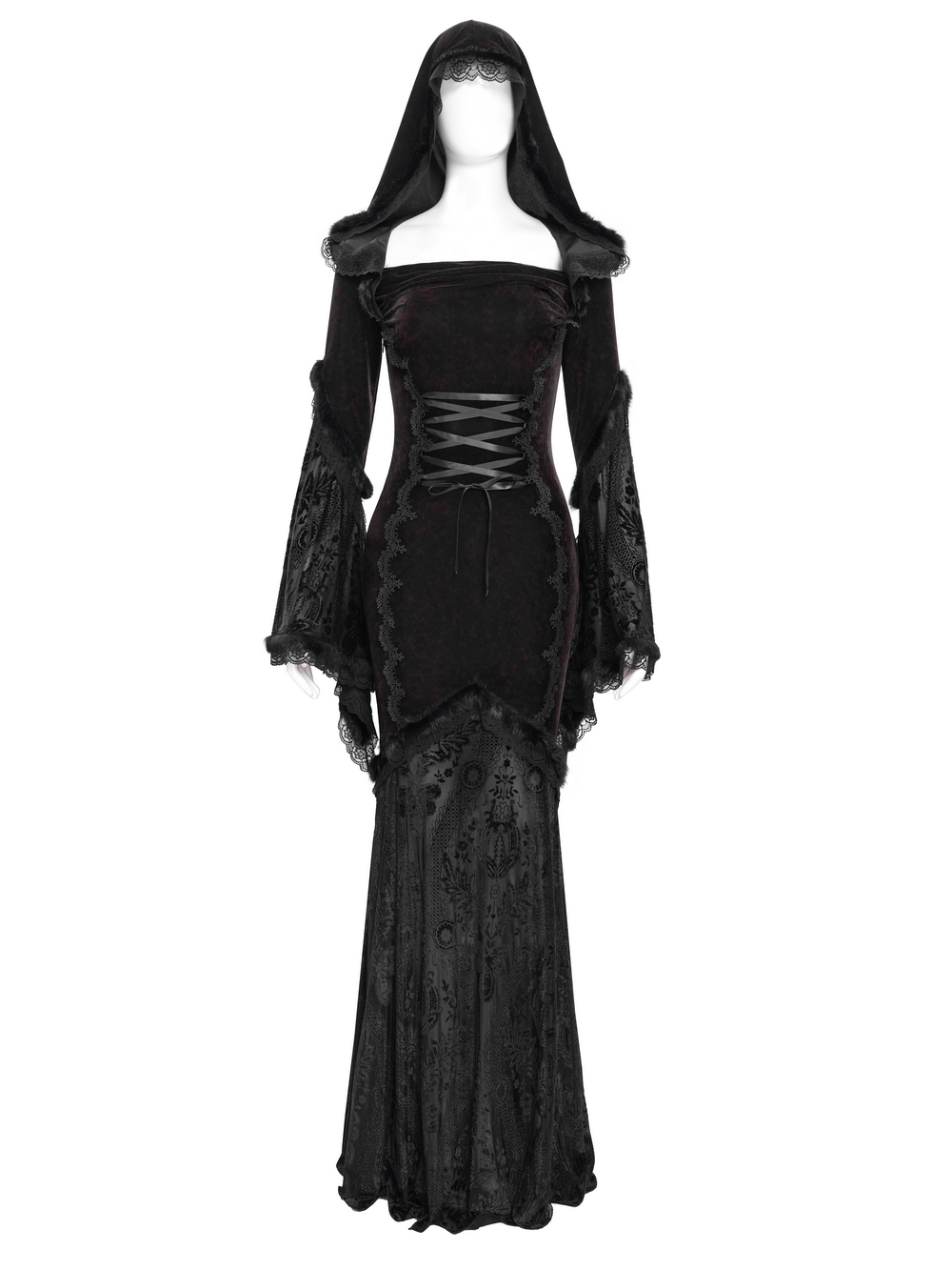 Elegant gothic hooded maxi dress with lace sleeves and corset waist for alternative fashion lovers.