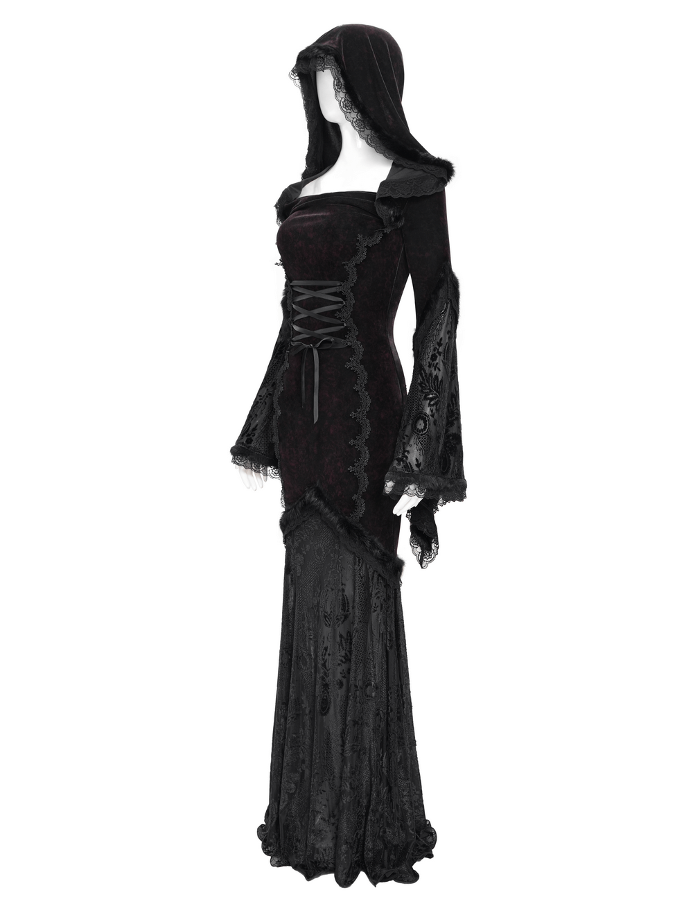 Chic gothic hooded maxi dress with lace sleeves, corset waist, and flared skirt for alternative fashion.