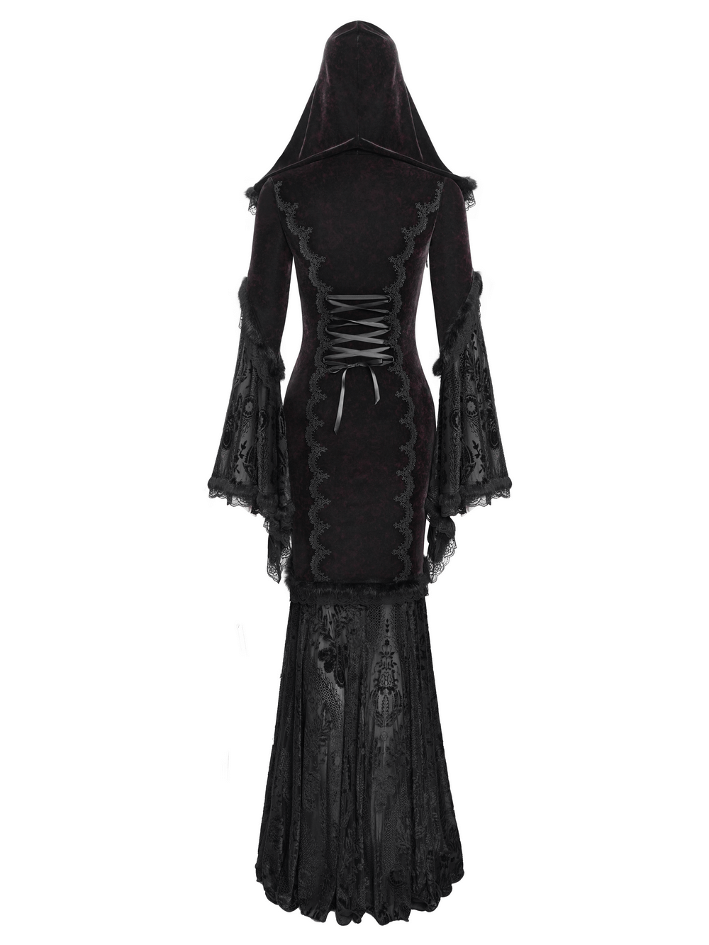 Chic hooded maxi dress with lace sleeves and corset waist for gothic fashion and alternative events.