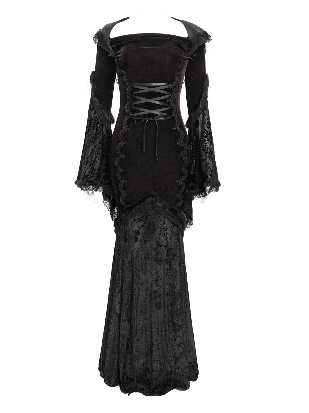 Chic gothic hooded maxi dress with flared lace sleeves and corset waist in black velvet for alternative fashion.