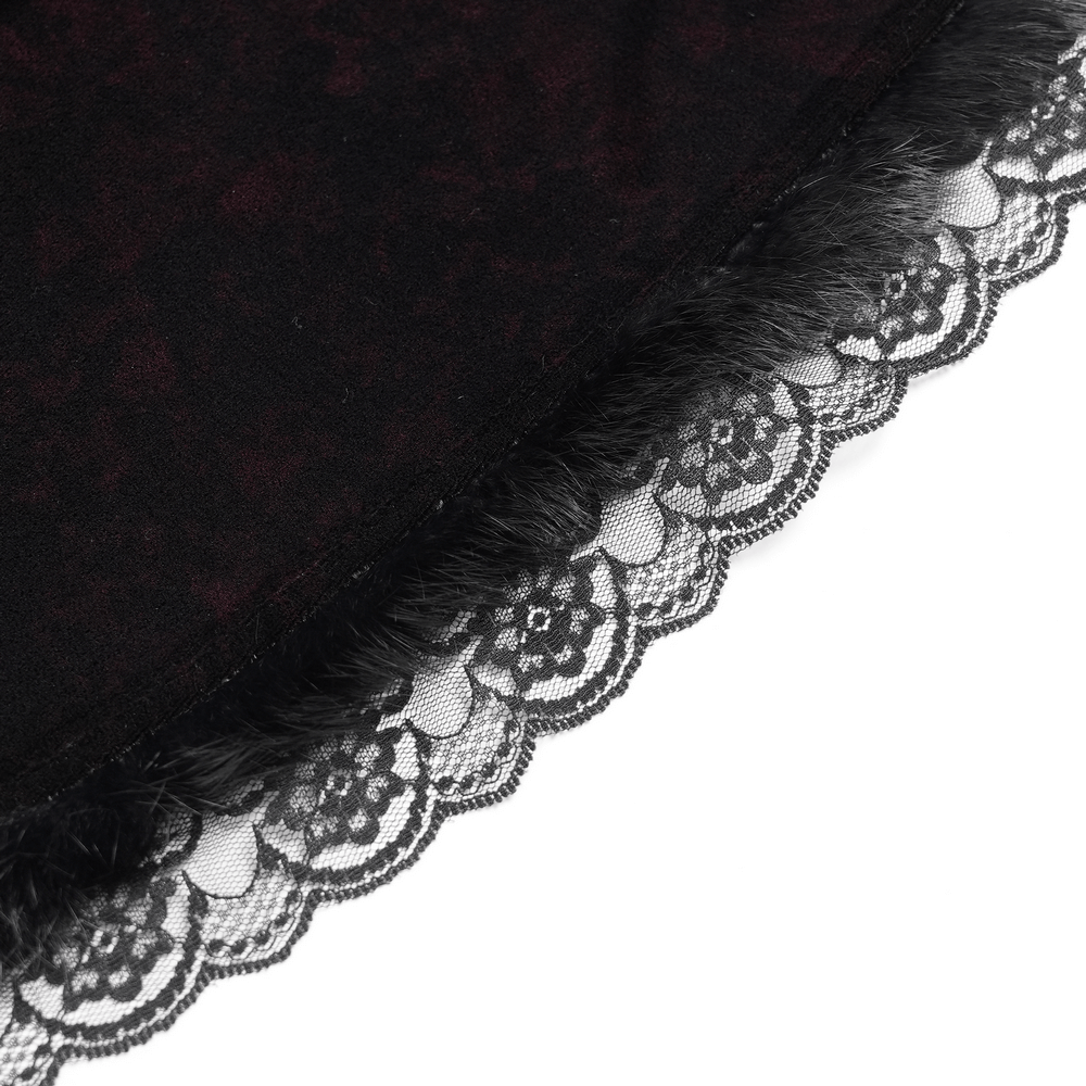 Close-up of elegant black lace trim with fur detailing, perfect for gothic fashion and dress accents.