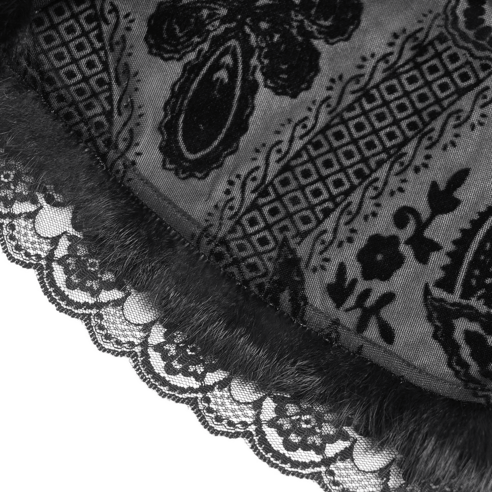 Close-up of black lace and floral patterned fabric with a soft faux fur trim for gothic fashion.
