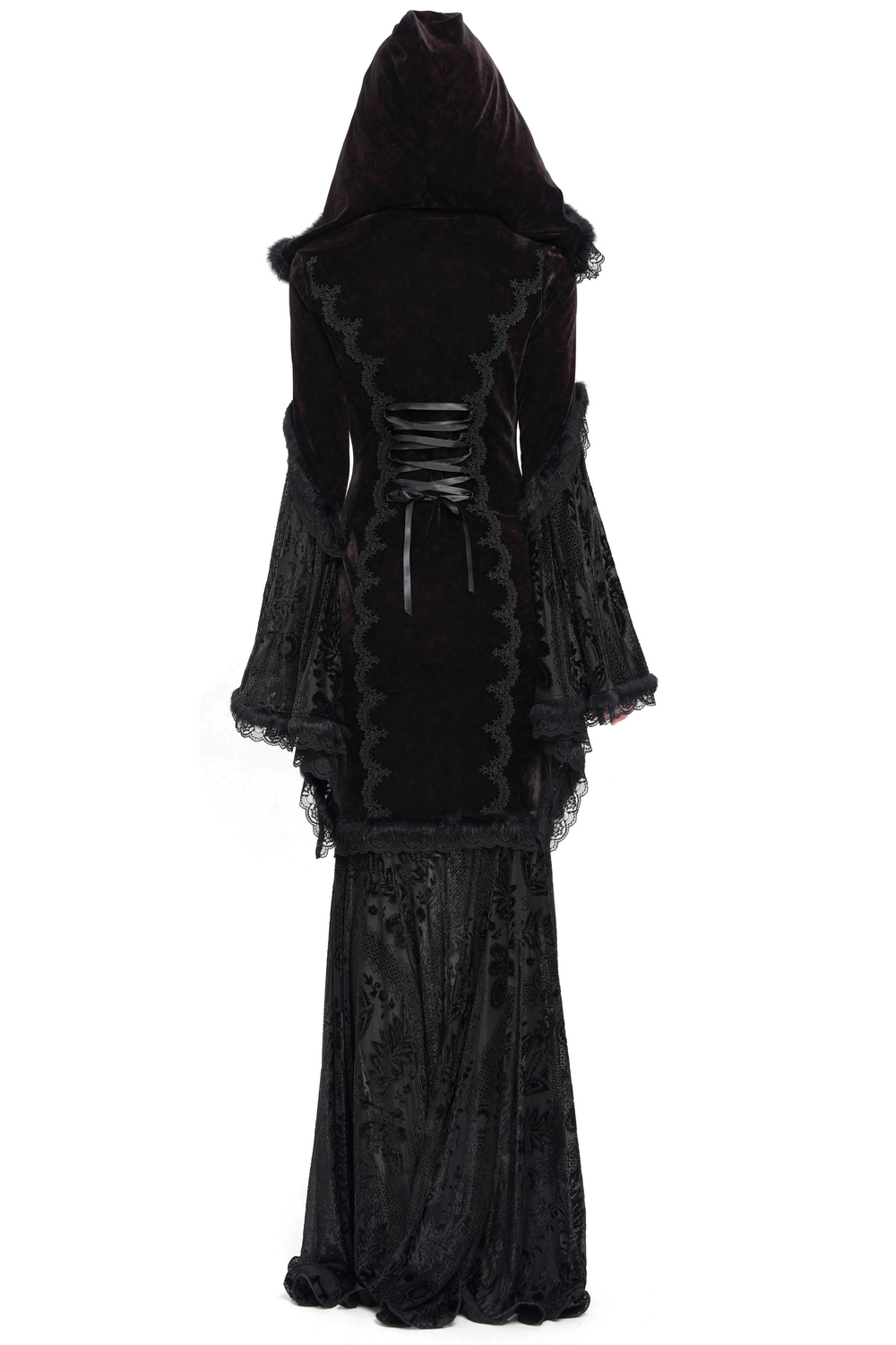 Back view of a chic gothic hooded maxi dress with flared lace sleeves and corset waist in black velvet.