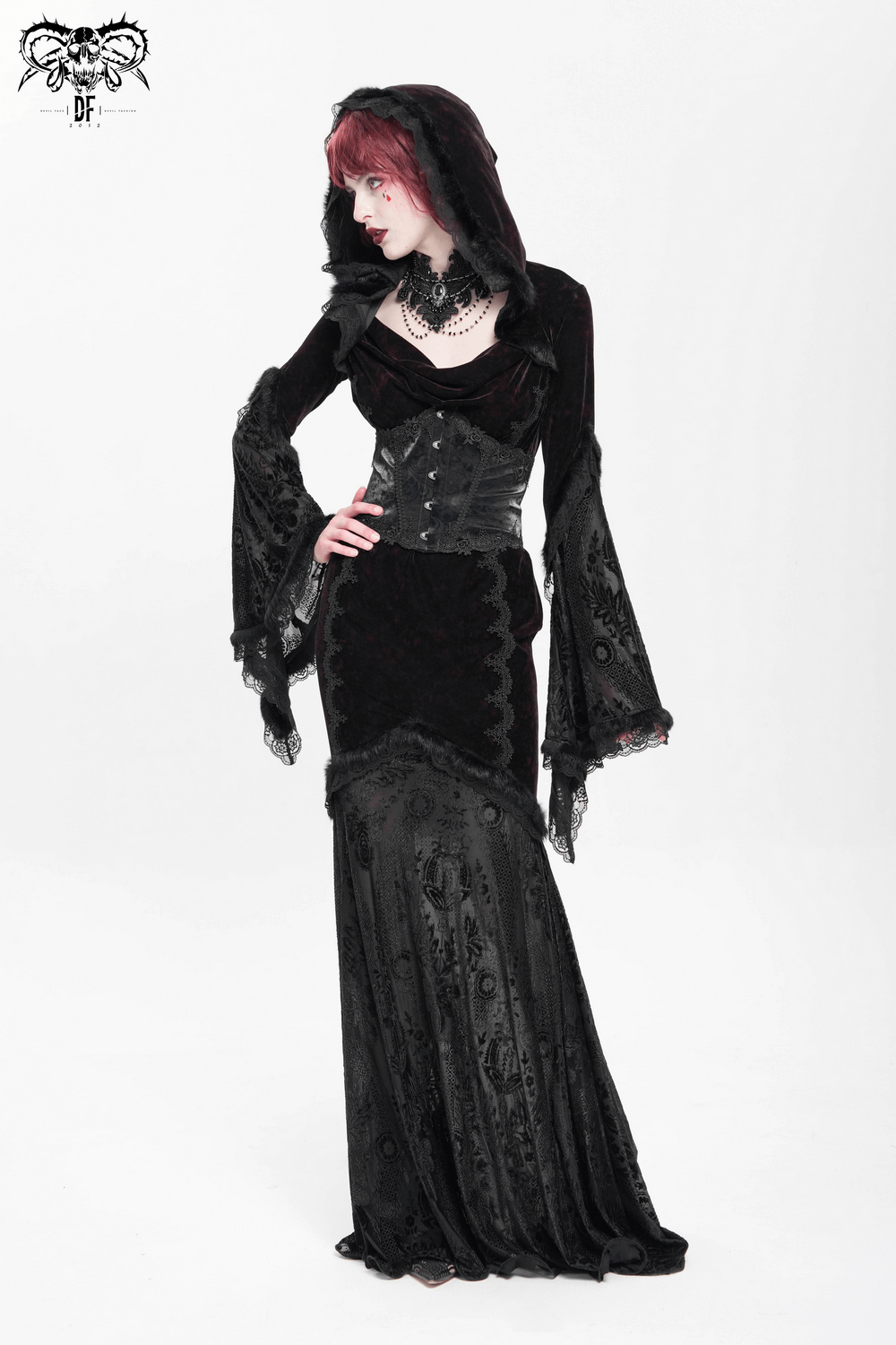 Chic hooded maxi dress with lace sleeves, corset waist, and gothic elegance in black velvet.