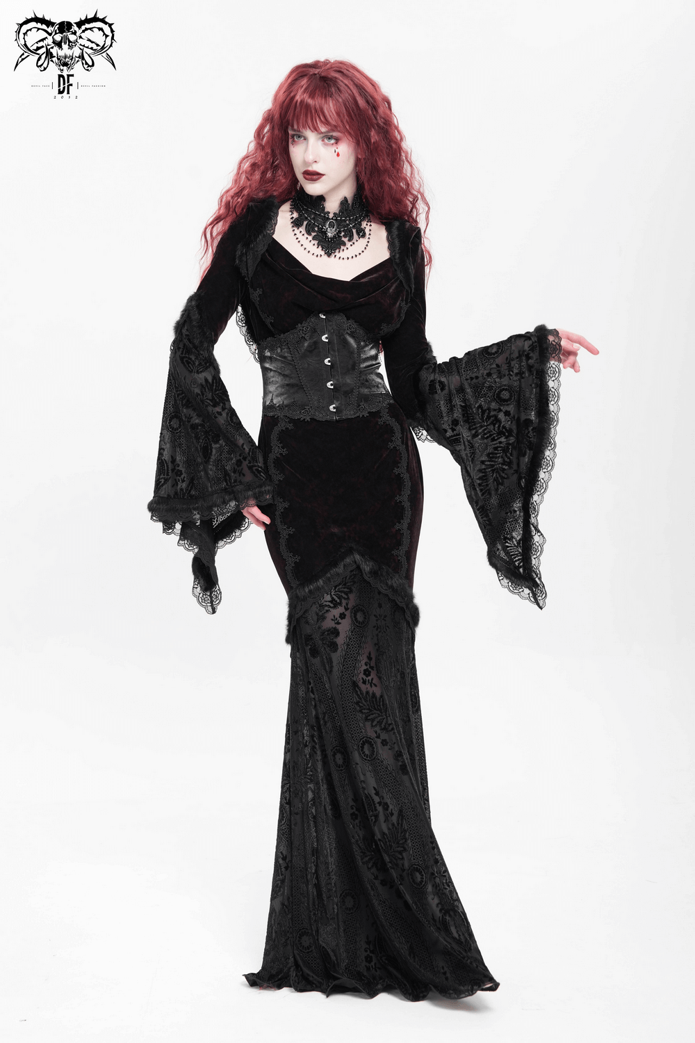 Chic gothic hooded maxi dress with flared lace sleeves and corset waist, perfect for alternative fashion events.