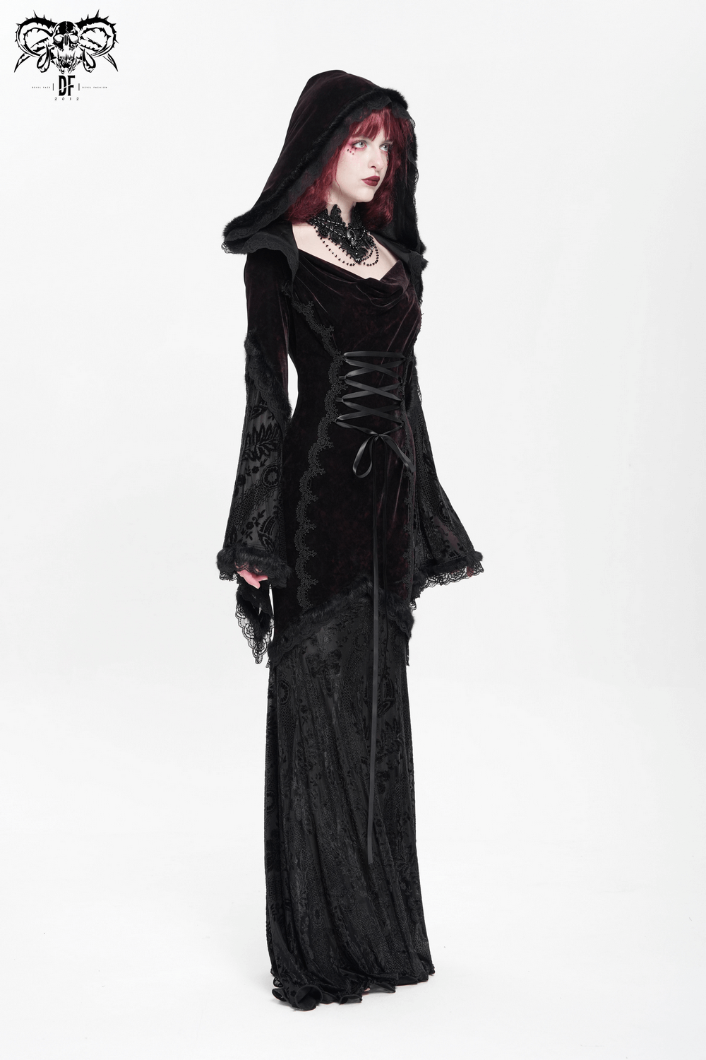 Elegant gothic hooded maxi dress with lace sleeves and corset waist, perfect for dark fashion or themed events.