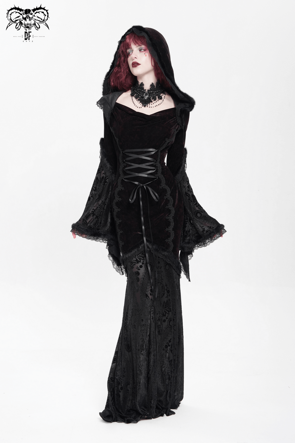 Chic hooded maxi dress with lace sleeves and corset waist, perfect for gothic fashion and alternative events.