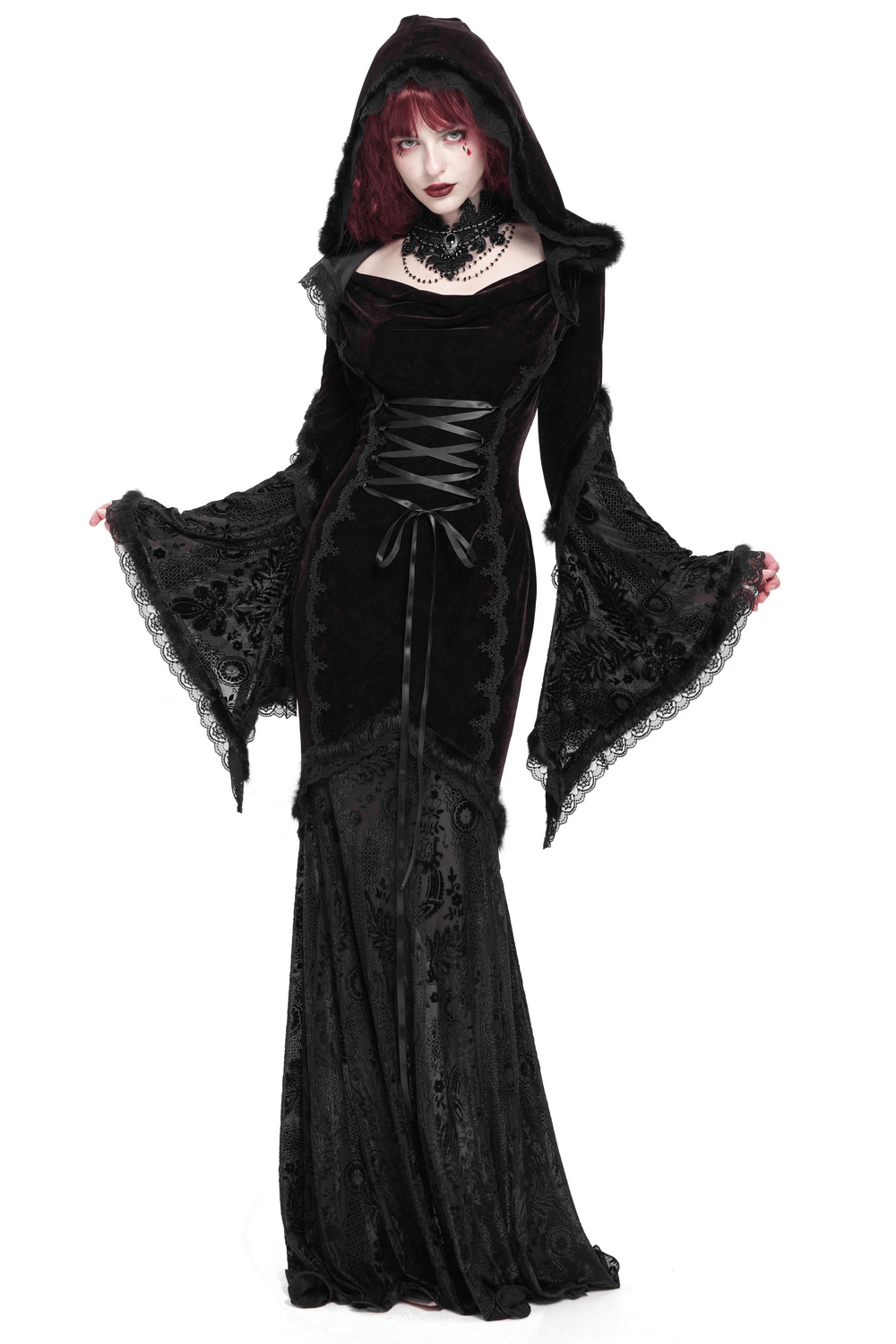 Elegant gothic hooded maxi dress with lace sleeves and corset waist for dramatic flair at themed events.