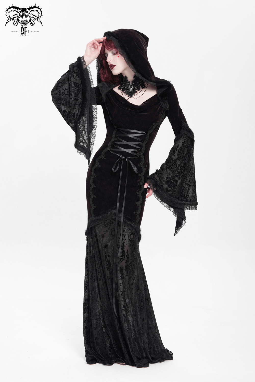 Gothic hooded maxi dress with flared lace sleeves and corset waist, perfect for dark elegance and alternative fashion.