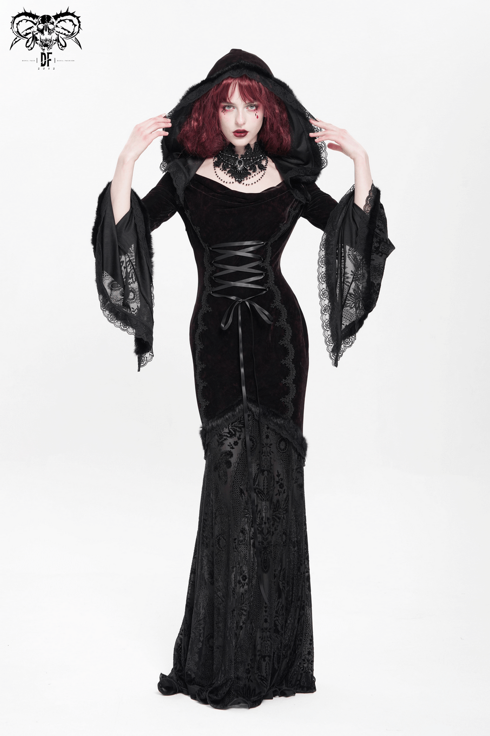 Elegant gothic hooded maxi dress with lace sleeves and corset waist, perfect for alternative fashion and cosplay.