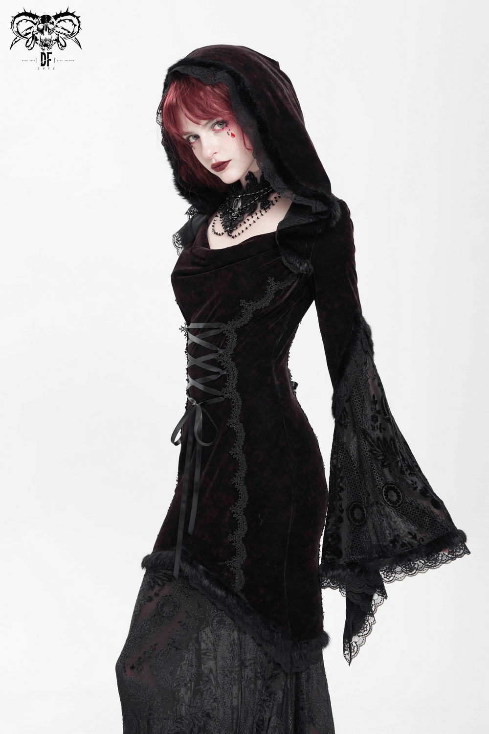 Chic hooded black maxi dress with lace sleeves and corset waist, perfect for gothic fashion and alternative events.