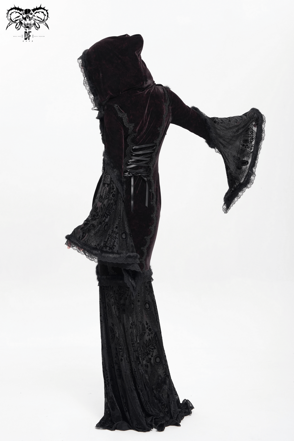 Chic hooded maxi dress with flared lace sleeves and corset waist in elegant gothic style.