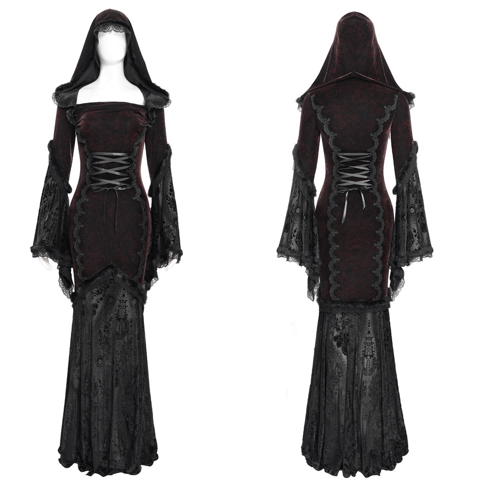 Chic gothic hooded maxi dress with lace sleeves, corset waist, and flared skirt, perfect for alternative fashion.