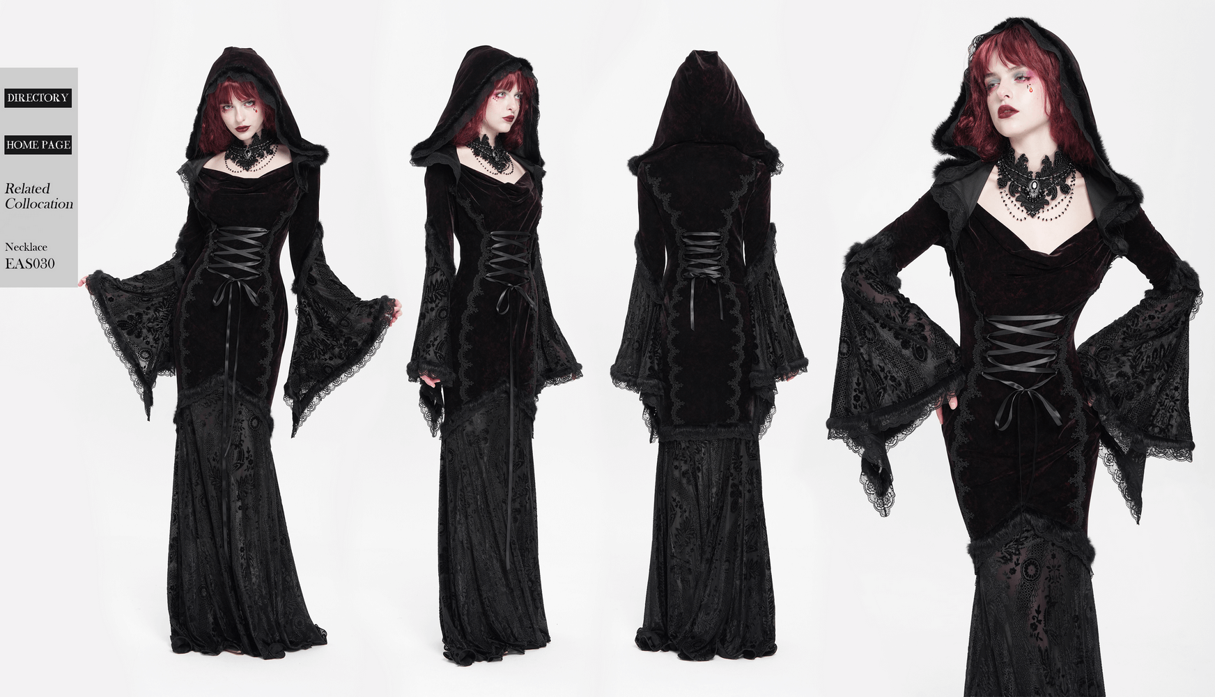 Chic hooded maxi dress with lace sleeves and corset waist in black velvet, ideal for gothic fashion and themed events.