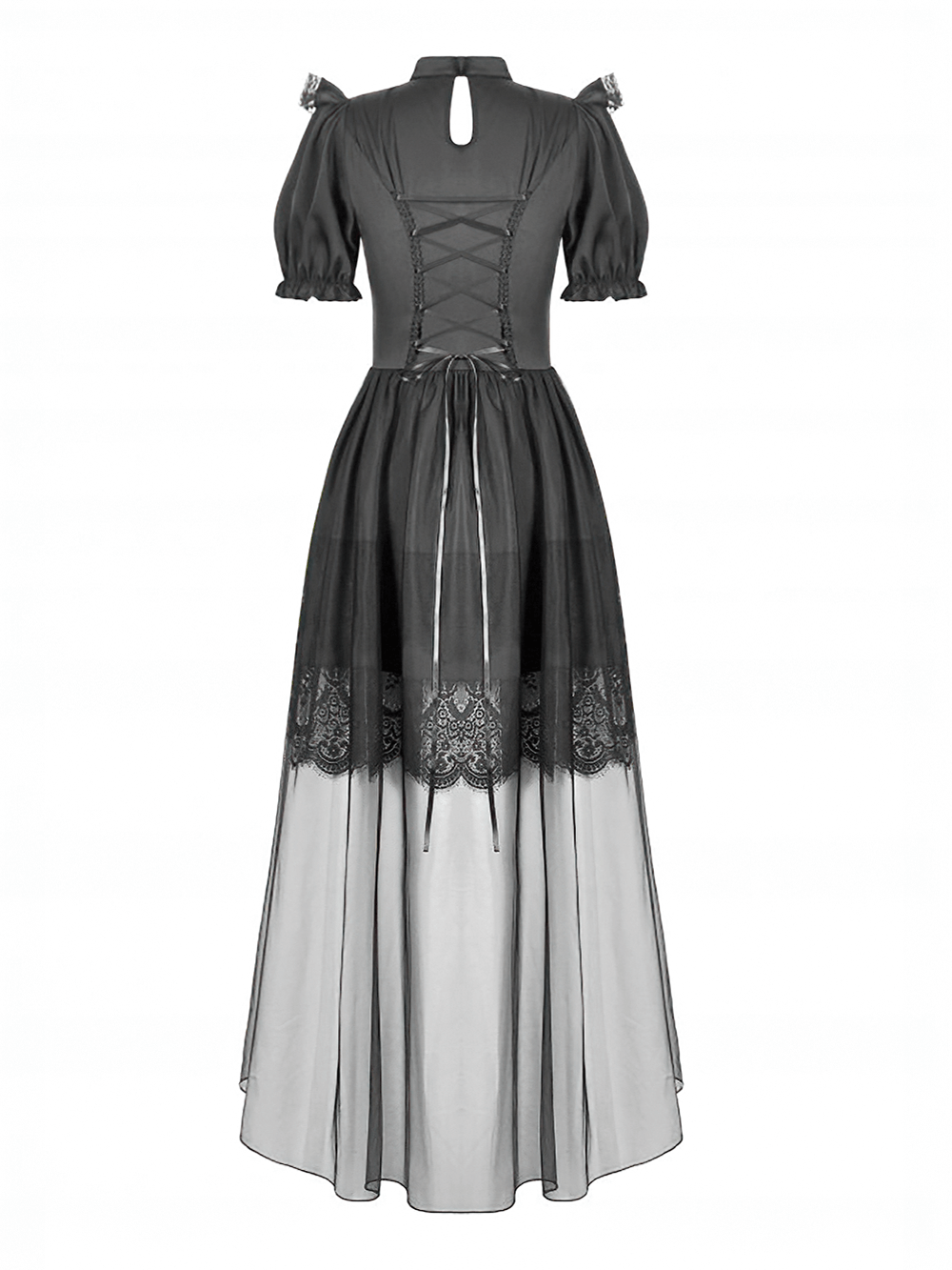 Chic Gothic lace and satin dress with puff sleeves, corset back, and sheer skirt, perfect for Victorian-inspired looks.