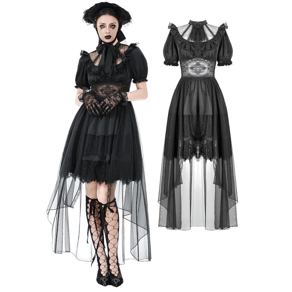 Chic black lace and satin gothic dress with puff sleeves, corset back, and sheer skirt for Victorian-inspired elegance.