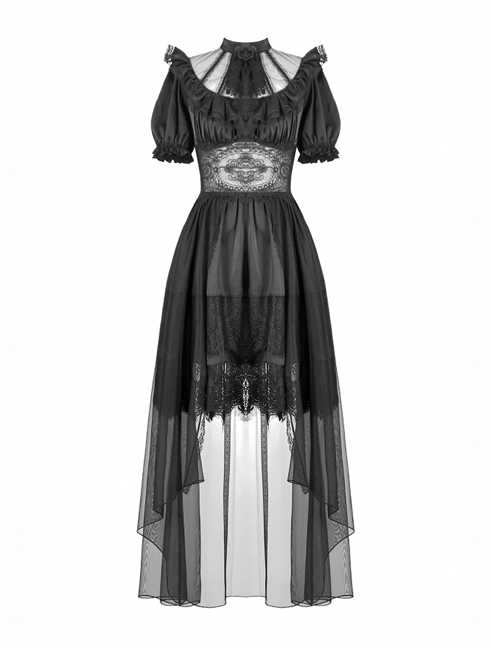 Chic Gothic lace and satin dress with puff sleeves, corset back, and sheer skirt for romantic looks.