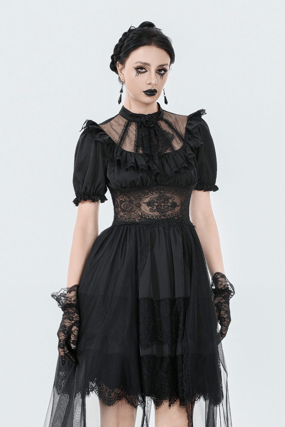 Chic women's gothic lace and satin dress with puff sleeves, sheer skirt, and corset back for Victorian-inspired style.